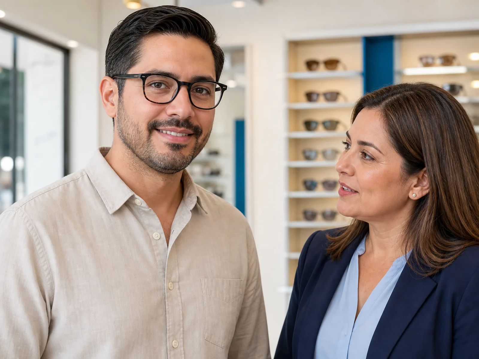 Exhibidor de aros y monturas para lentes en una tienda OptiGlass en Panamá